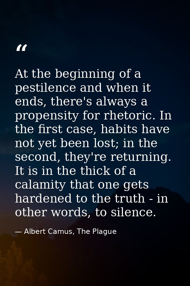 At the beginning of a pestilence and when it ends, there's always a propensity for rhetoric. In the first case, habits h — Albert Camus, The Plague