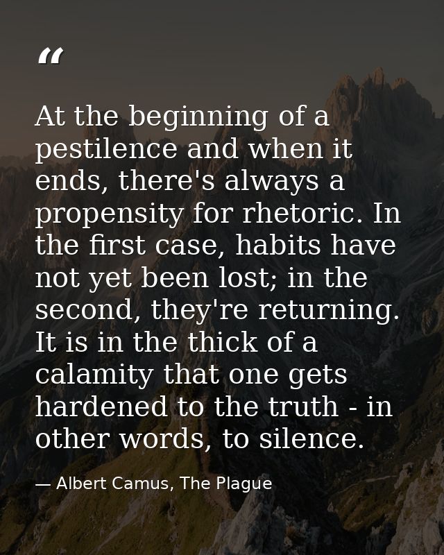 At the beginning of a pestilence and when it ends, there's always a propensity for rhetoric. In the first case, habits h — Albert Camus, The Plague