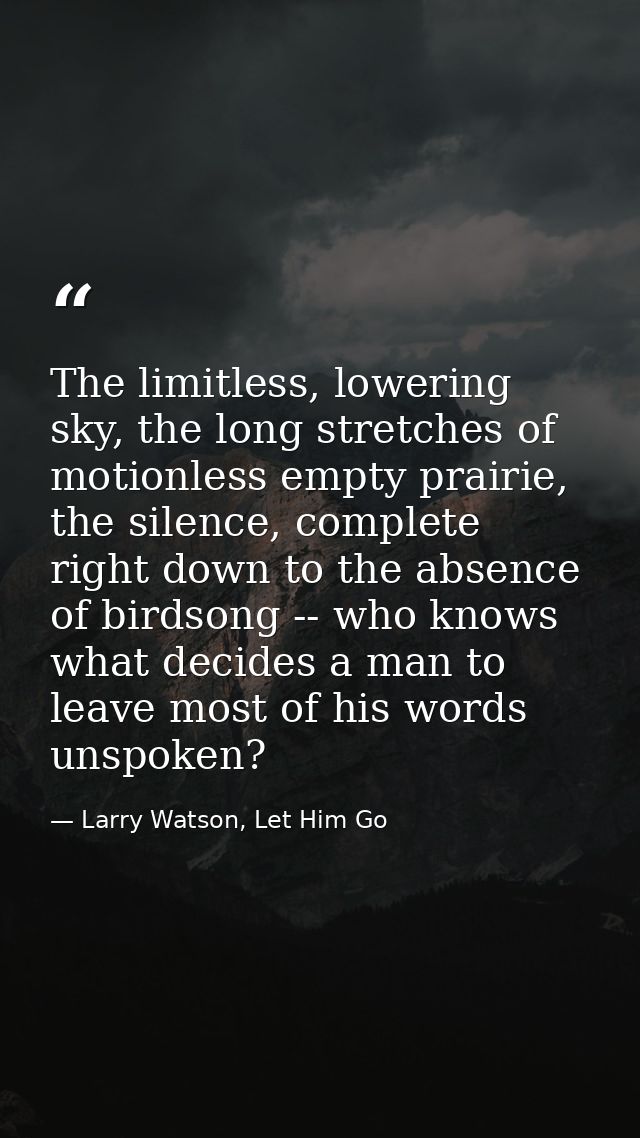 The limitless, lowering sky, the long stretches of motionless empty prairie, the silence, complete right down to the abs — Larry Watson, Let Him Go