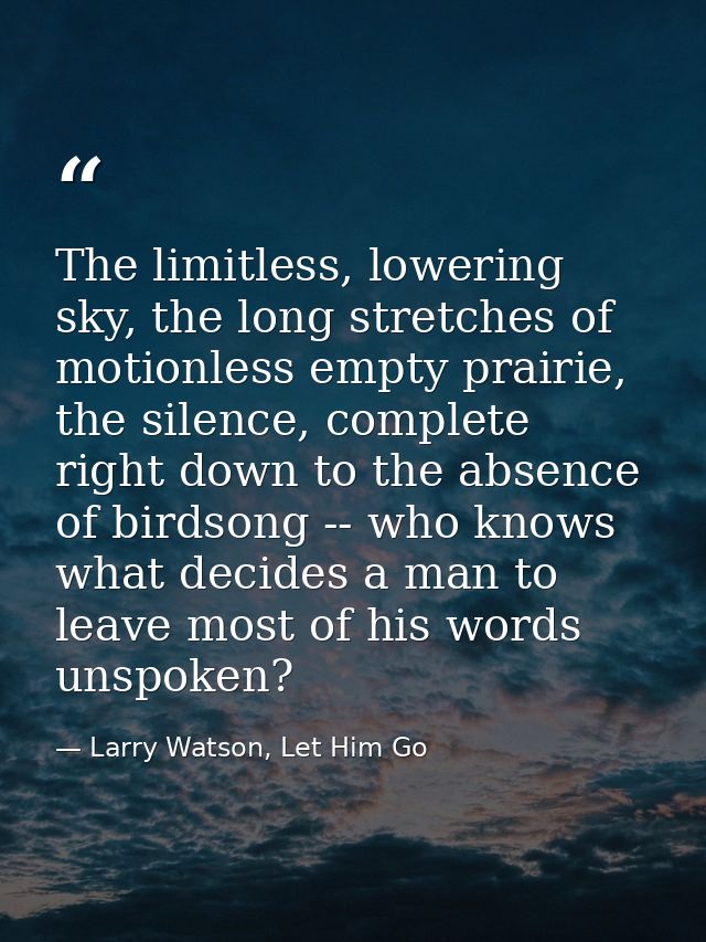 The limitless, lowering sky, the long stretches of motionless empty prairie, the silence, complete right down to the abs — Larry Watson, Let Him Go
