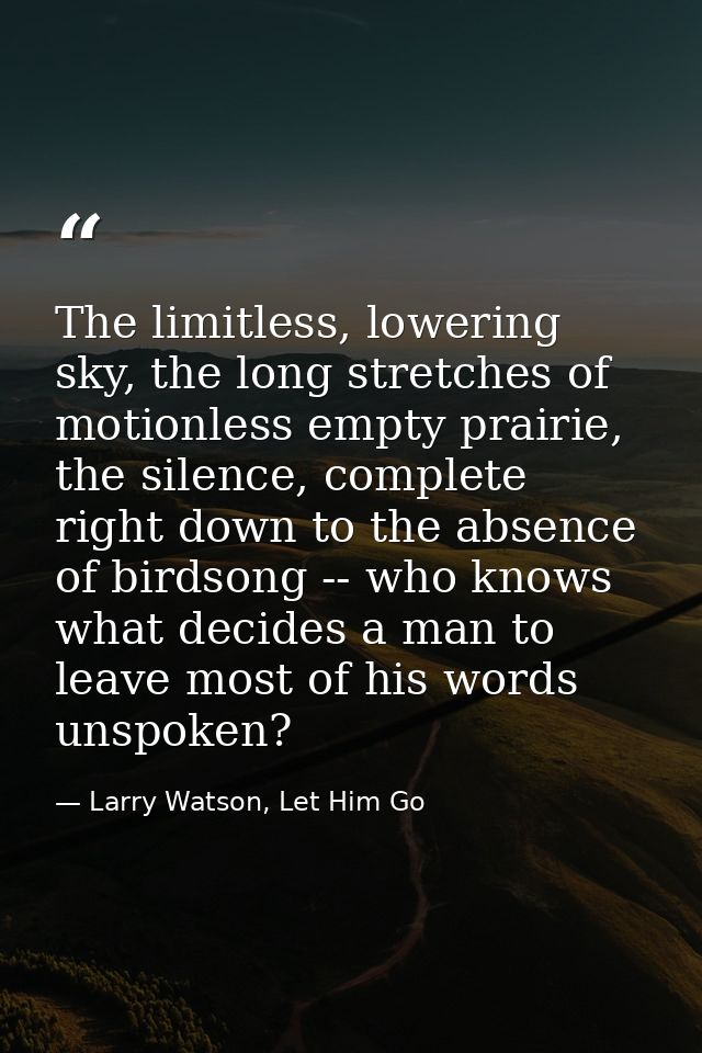 The limitless, lowering sky, the long stretches of motionless empty prairie, the silence, complete right down to the abs — Larry Watson, Let Him Go
