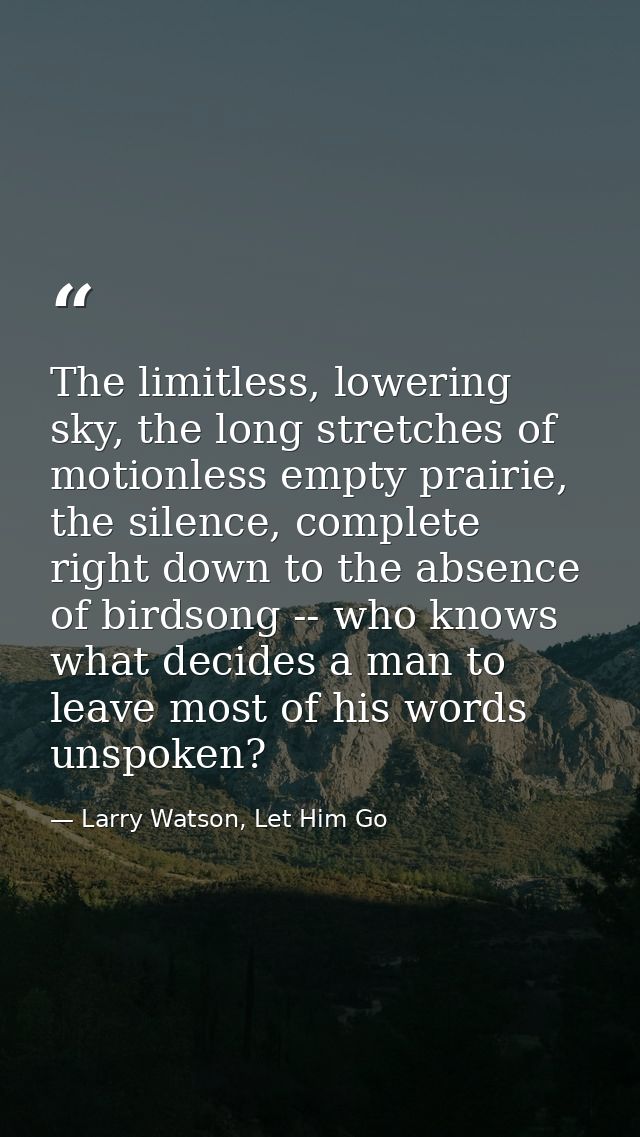 The limitless, lowering sky, the long stretches of motionless empty prairie, the silence, complete right down to the abs — Larry Watson, Let Him Go
