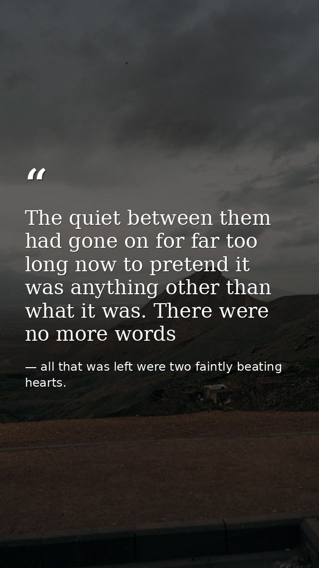 The quiet between them had gone on for far too long now to pretend it was anything other than what it was. There were no — all that was left were two faintly beating hearts.