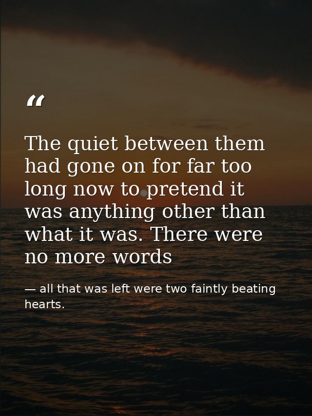 The quiet between them had gone on for far too long now to pretend it was anything other than what it was. There were no — all that was left were two faintly beating hearts.