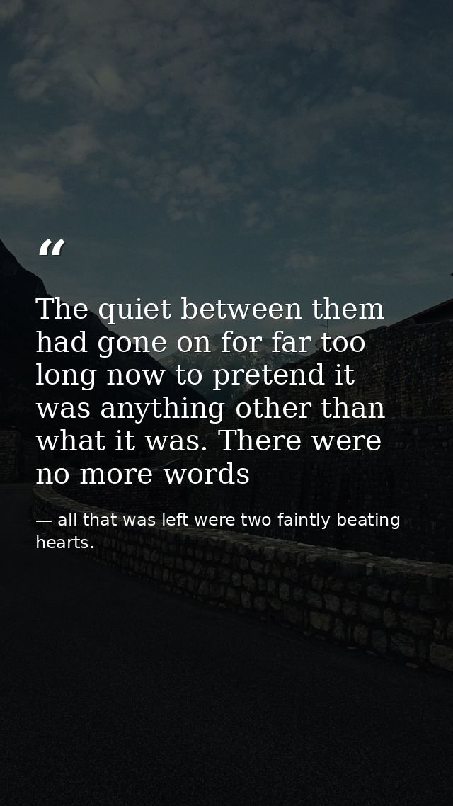 The quiet between them had gone on for far too long now to pretend it was anything other than what it was. There were no — all that was left were two faintly beating hearts.