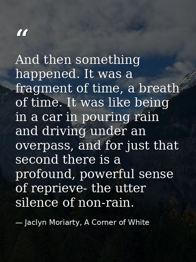 And then something happened. It was a fragment of time, a breath of time. It was like being in a car in pouring rain and — Jaclyn Moriarty, A Corner of White