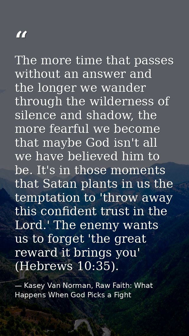 The more time that passes without an answer and the longer we wander through the wilderness of silence and shadow, the m — Kasey Van Norman, Raw Faith: What Happens When God Picks a Fight
