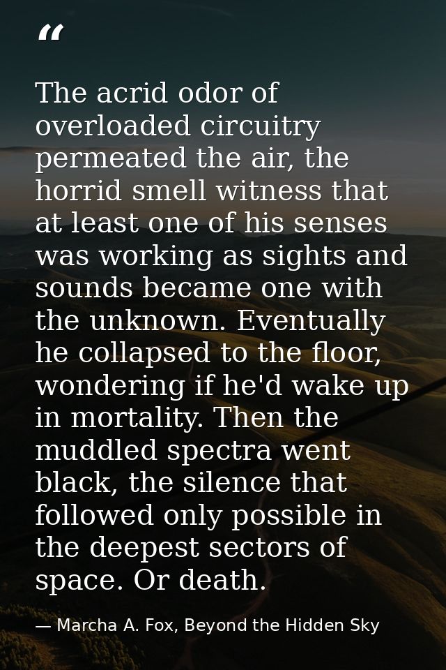 The acrid odor of overloaded circuitry permeated the air, the horrid smell witness that at least one of his senses was w — Marcha A. Fox, Beyond the Hidden Sky