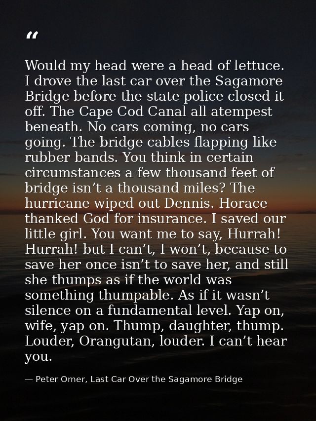 Would my head were a head of lettuce. I drove the last car over the Sagamore Bridge before the state police closed it of — Peter Orner, Last Car Over the Sagamore Bridge