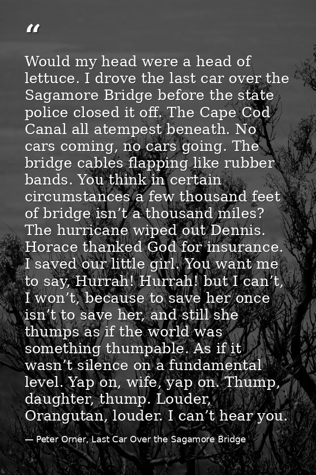 Would my head were a head of lettuce. I drove the last car over the Sagamore Bridge before the state police closed it of — Peter Orner, Last Car Over the Sagamore Bridge