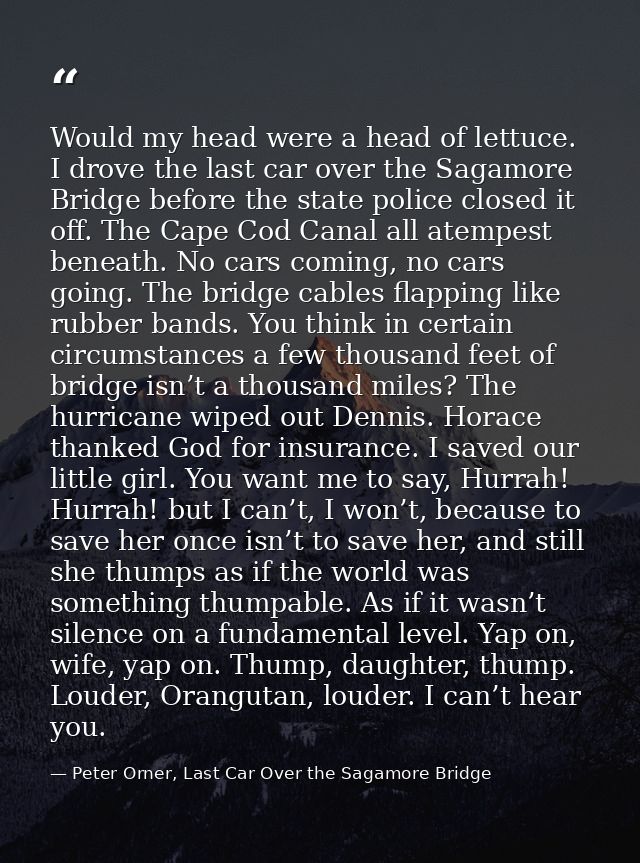 Would my head were a head of lettuce. I drove the last car over the Sagamore Bridge before the state police closed it of — Peter Orner, Last Car Over the Sagamore Bridge