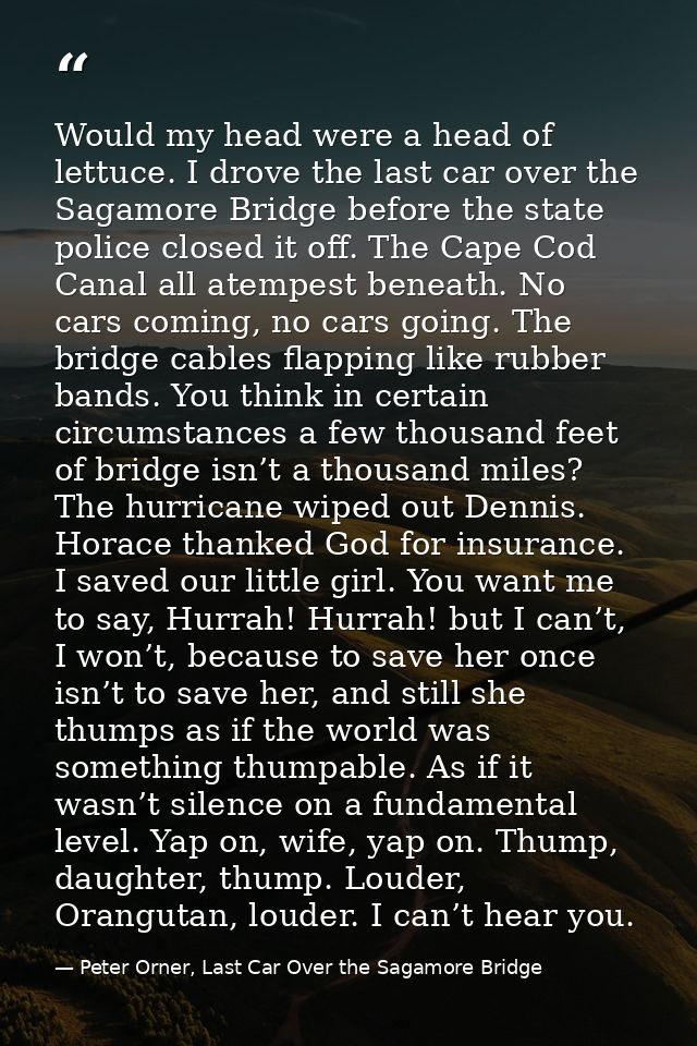 Would my head were a head of lettuce. I drove the last car over the Sagamore Bridge before the state police closed it of — Peter Orner, Last Car Over the Sagamore Bridge