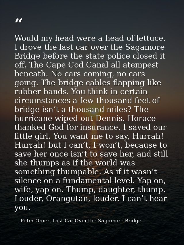 Would my head were a head of lettuce. I drove the last car over the Sagamore Bridge before the state police closed it of — Peter Orner, Last Car Over the Sagamore Bridge