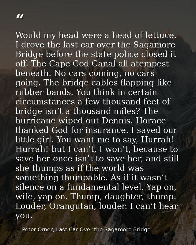 Would my head were a head of lettuce. I drove the last car over the Sagamore Bridge before the state police closed it of — Peter Orner, Last Car Over the Sagamore Bridge