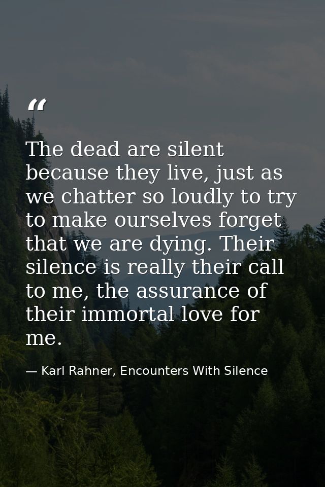 The dead are silent because they live, just as we chatter so loudly to try to make ourselves forget that we are dying. T — Karl Rahner, Encounters With Silence
