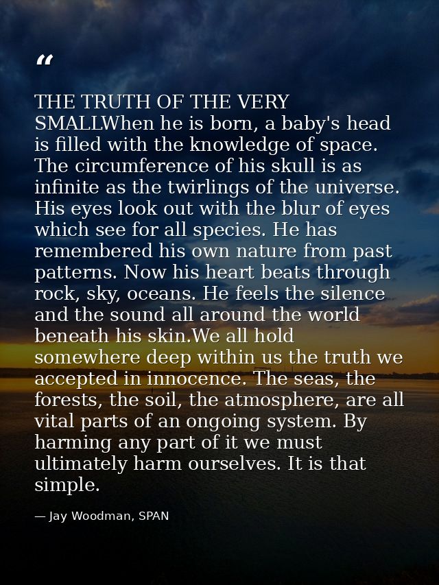 THE TRUTH OF THE VERY SMALLWhen he is born, a baby's head is filled with the knowledge of space. The circumference of hi — Jay Woodman, SPAN