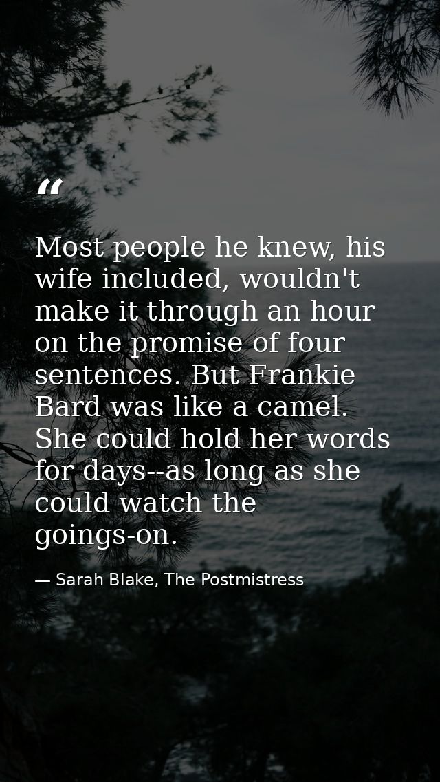 Most people he knew, his wife included, wouldn't make it through an hour on the promise of four sentences. But Frankie B — Sarah Blake, The Postmistress