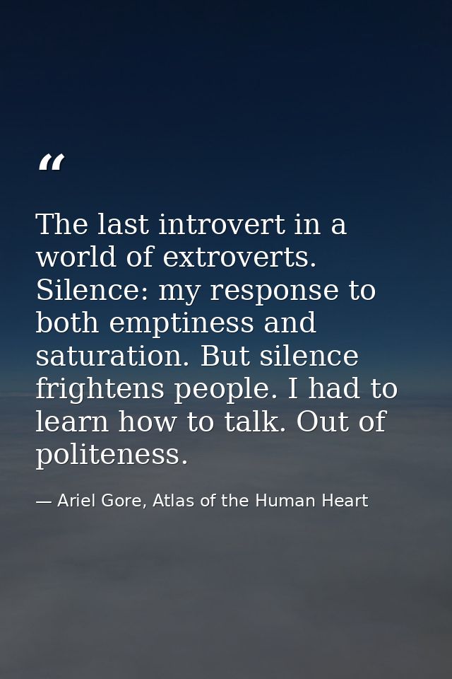 The last introvert in a world of extroverts. Silence: my response to both emptiness and saturation. But silence frighten — Ariel Gore, Atlas of the Human Heart