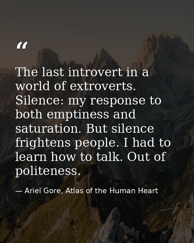 The last introvert in a world of extroverts. Silence: my response to both emptiness and saturation. But silence frighten — Ariel Gore, Atlas of the Human Heart
