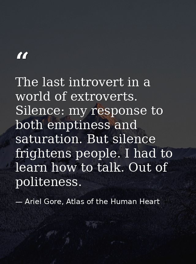 The last introvert in a world of extroverts. Silence: my response to both emptiness and saturation. But silence frighten — Ariel Gore, Atlas of the Human Heart
