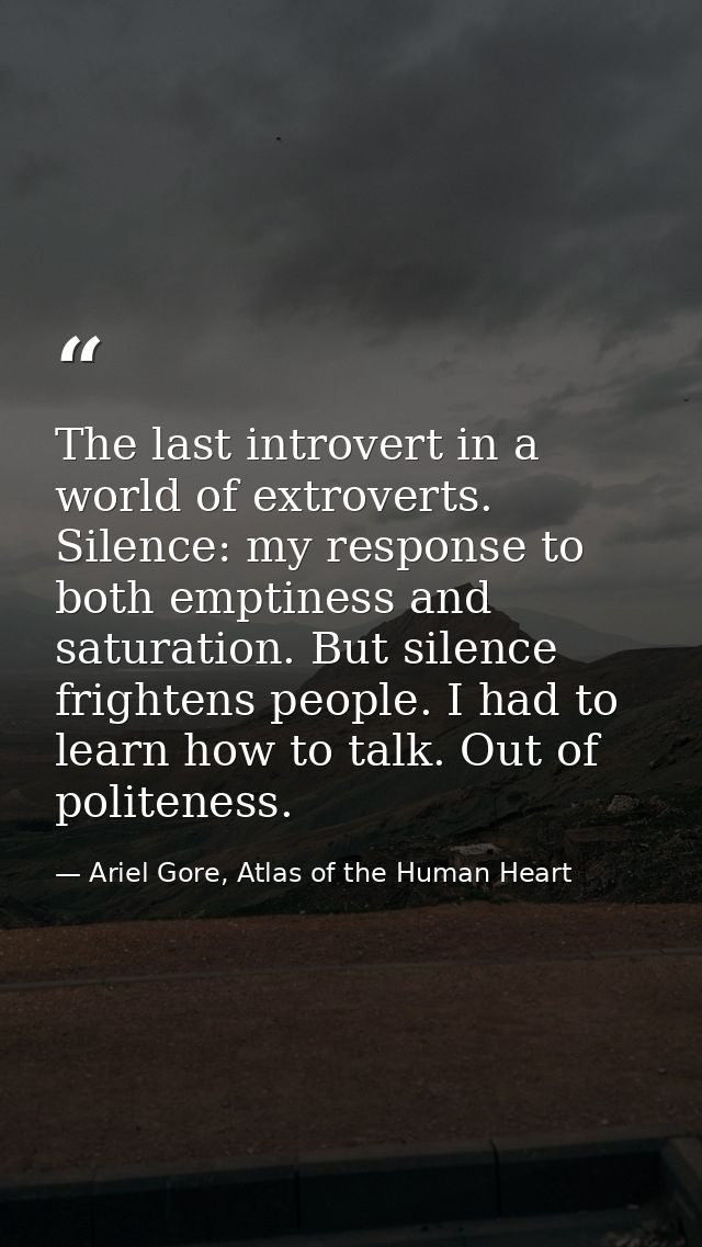 The last introvert in a world of extroverts. Silence: my response to both emptiness and saturation. But silence frighten — Ariel Gore, Atlas of the Human Heart