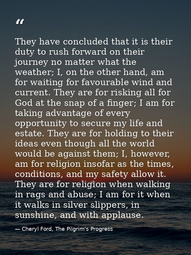They have concluded that it is their duty to rush forward on their journey no matter what the weather; I, on the other h — Cheryl Ford, The Pilgrim's Progress