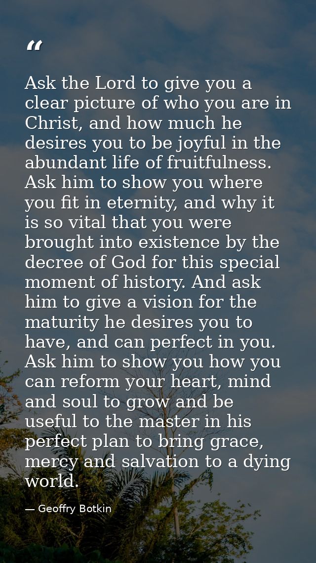 Ask the Lord to give you a clear picture of who you are in Christ, and how much he desires you to be joyful in the abund — Geoffry Botkin
