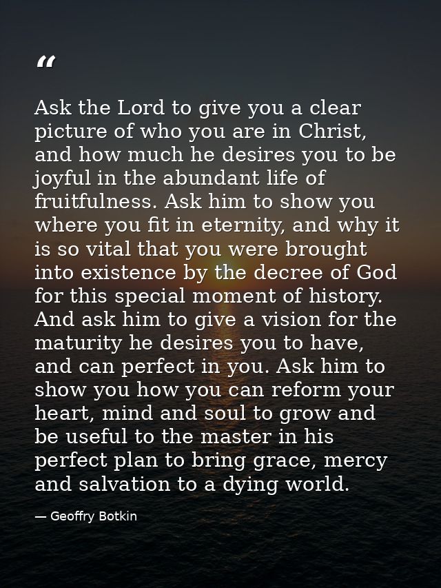 Ask the Lord to give you a clear picture of who you are in Christ, and how much he desires you to be joyful in the abund — Geoffry Botkin