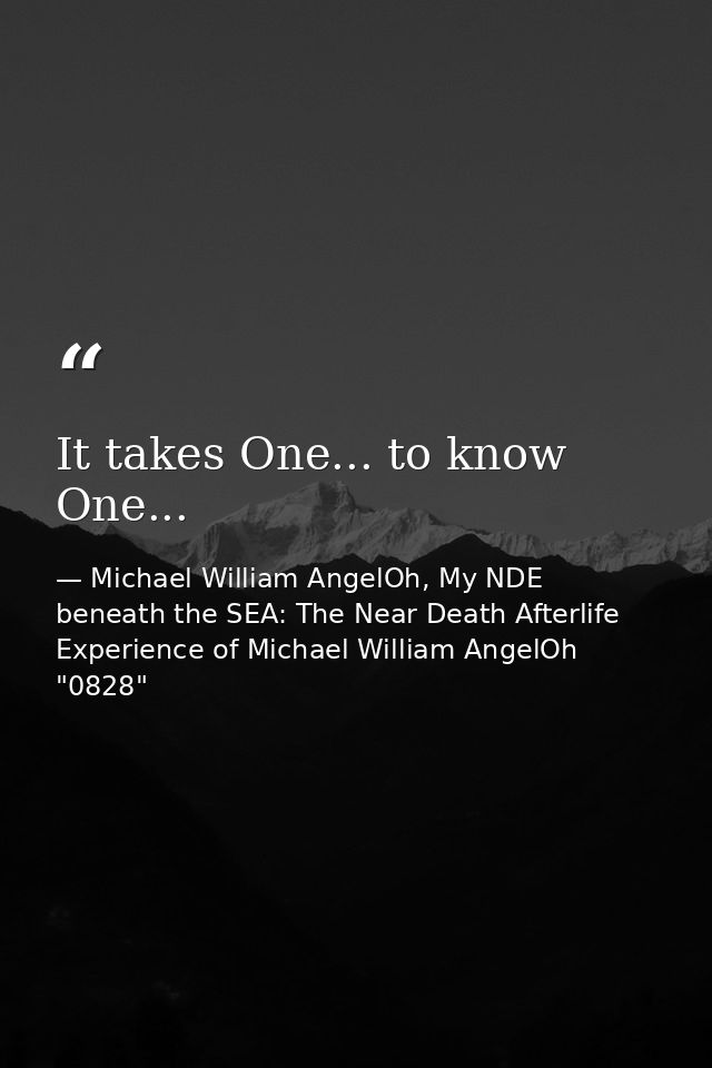 It takes One... to know One... — Michael William AngelOh, My NDE beneath the SEA: The Near Death Afterlife Experience of Michael William AngelOh "0828"