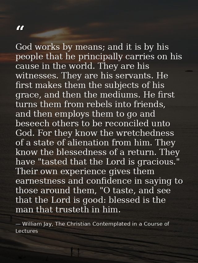 God works by means; and it is by his people that he principally carries on his cause in the world. They are his witnesse — William Jay, The Christian Contemplated in a Course of Lectures