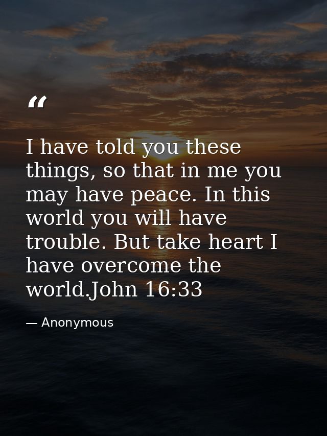 I have told you these things, so that in me you may have peace. In this world you will have trouble. But take heart I ha — Anonymous