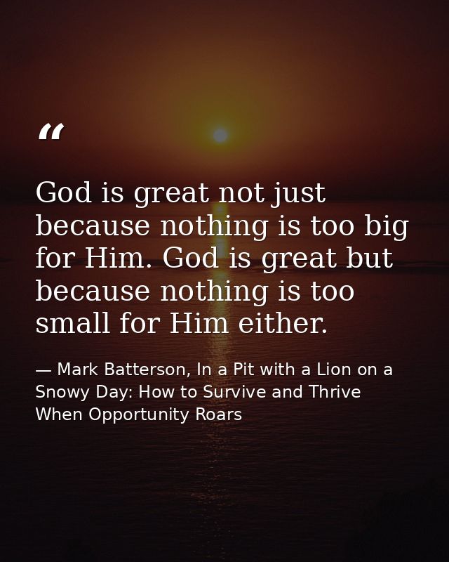 God is great not just because nothing is too big for Him. God is great but because nothing is too small for Him either. — Mark Batterson, In a Pit with a Lion on a Snowy Day: How to Survive and Thrive When Opportunity Roars