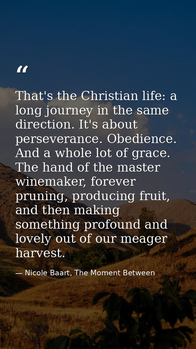 That's the Christian life: a long journey in the same direction. It's about perseverance. Obedience. And a whole lot of  — Nicole Baart, The Moment Between
