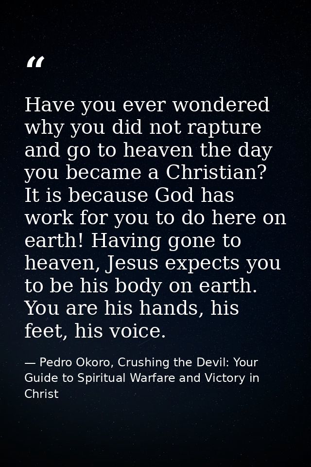 Have you ever wondered why you did not rapture and go to heaven the day you became a Christian? It is because God has wo — Pedro Okoro, Crushing the Devil: Your Guide to Spiritual Warfare and Victory in Christ