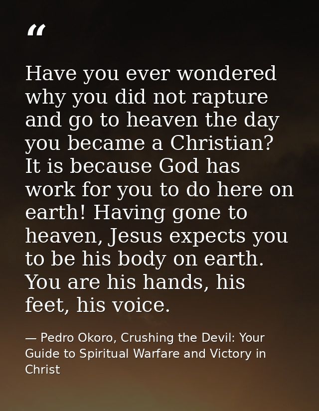 Have you ever wondered why you did not rapture and go to heaven the day you became a Christian? It is because God has wo — Pedro Okoro, Crushing the Devil: Your Guide to Spiritual Warfare and Victory in Christ