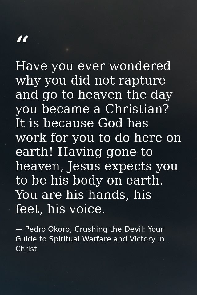 Have you ever wondered why you did not rapture and go to heaven the day you became a Christian? It is because God has wo — Pedro Okoro, Crushing the Devil: Your Guide to Spiritual Warfare and Victory in Christ