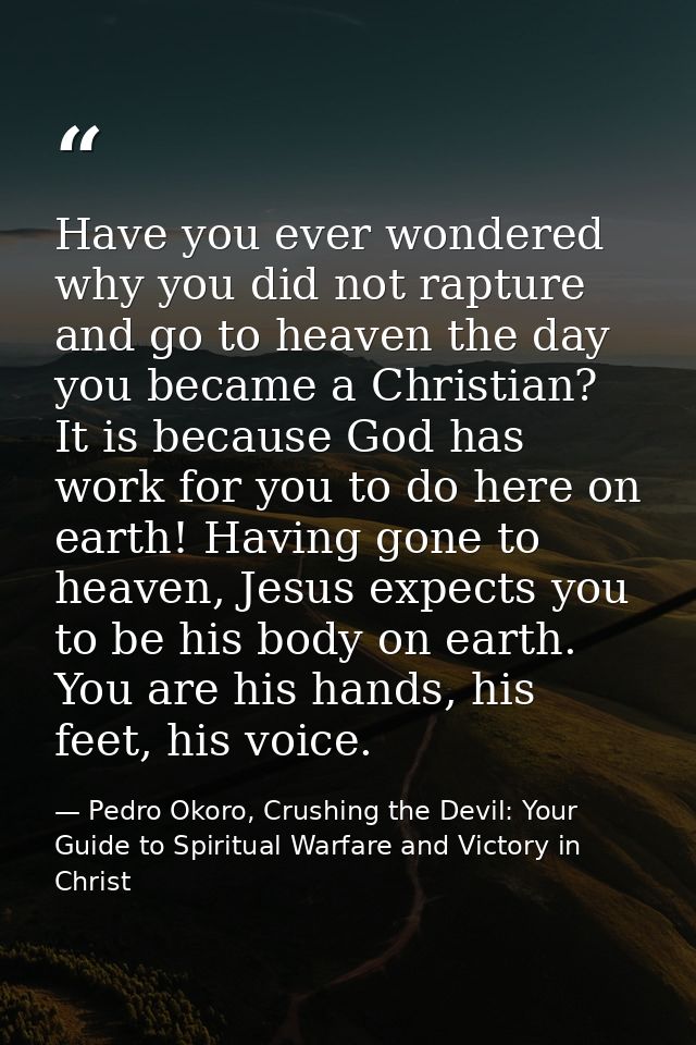 Have you ever wondered why you did not rapture and go to heaven the day you became a Christian? It is because God has wo — Pedro Okoro, Crushing the Devil: Your Guide to Spiritual Warfare and Victory in Christ