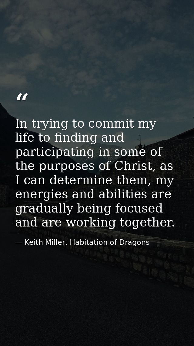 In trying to commit my life to finding and participating in some of the purposes of Christ, as I can determine them, my  — Keith Miller, Habitation of Dragons