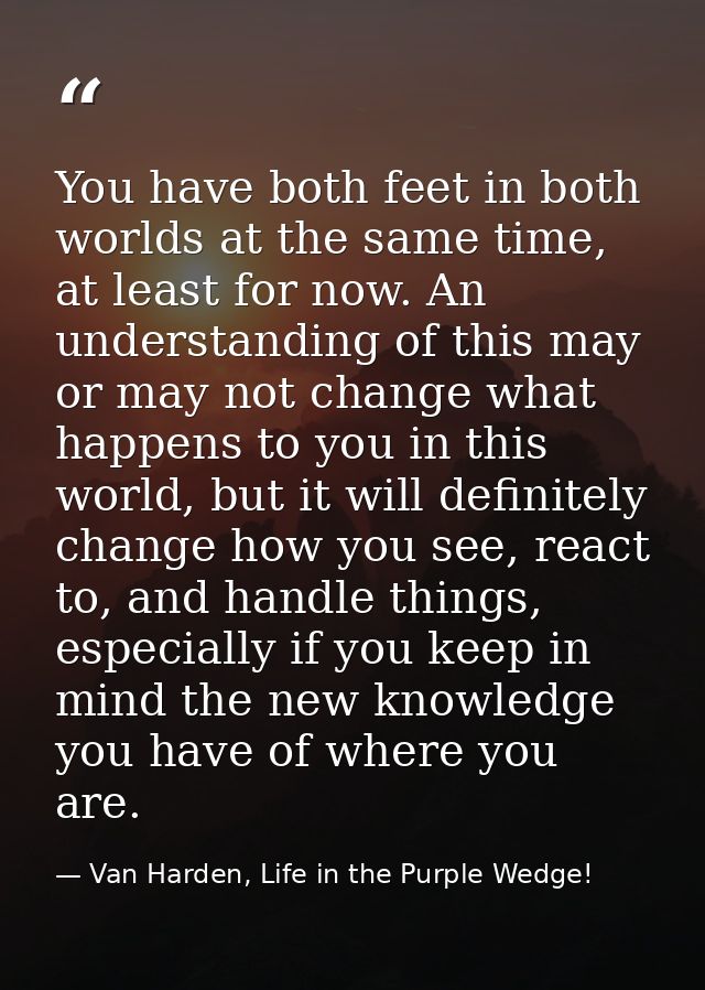 You have both feet in both worlds at the same time, at least for now. An understanding of this may or may not change wha — Van Harden, Life in the Purple Wedge!