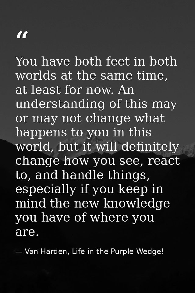 You have both feet in both worlds at the same time, at least for now. An understanding of this may or may not change wha — Van Harden, Life in the Purple Wedge!