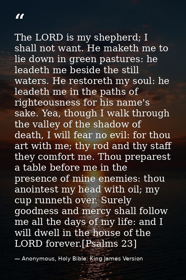The LORD is my shepherd; I shall not want. He maketh me to lie down in green pastures: he leadeth me beside the still wa — Anonymous, Holy Bible: King James Version