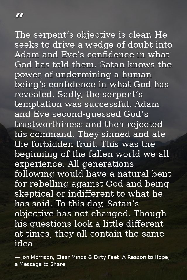 The serpent’s objective is clear. He seeks to drive a wedge of doubt into Adam and Eve’s confidence in what God has told — Jon Morrison, Clear Minds & Dirty Feet: A Reason to Hope, a Message to Share