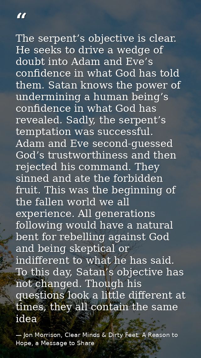 The serpent’s objective is clear. He seeks to drive a wedge of doubt into Adam and Eve’s confidence in what God has told — Jon Morrison, Clear Minds & Dirty Feet: A Reason to Hope, a Message to Share