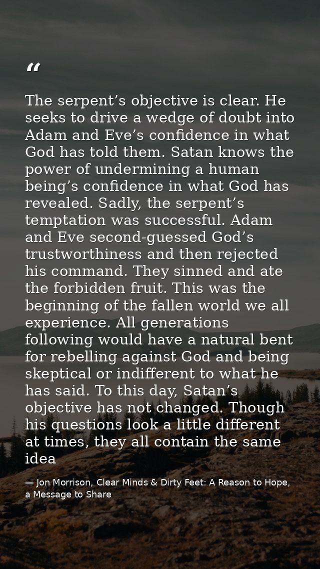 The serpent’s objective is clear. He seeks to drive a wedge of doubt into Adam and Eve’s confidence in what God has told — Jon Morrison, Clear Minds & Dirty Feet: A Reason to Hope, a Message to Share
