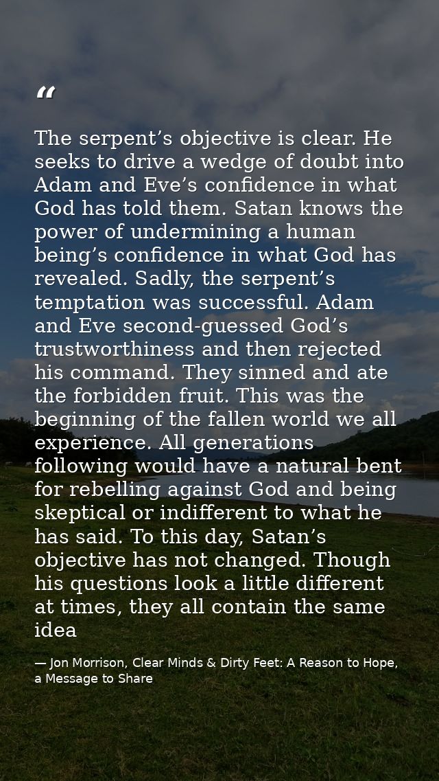 The serpent’s objective is clear. He seeks to drive a wedge of doubt into Adam and Eve’s confidence in what God has told — Jon Morrison, Clear Minds & Dirty Feet: A Reason to Hope, a Message to Share