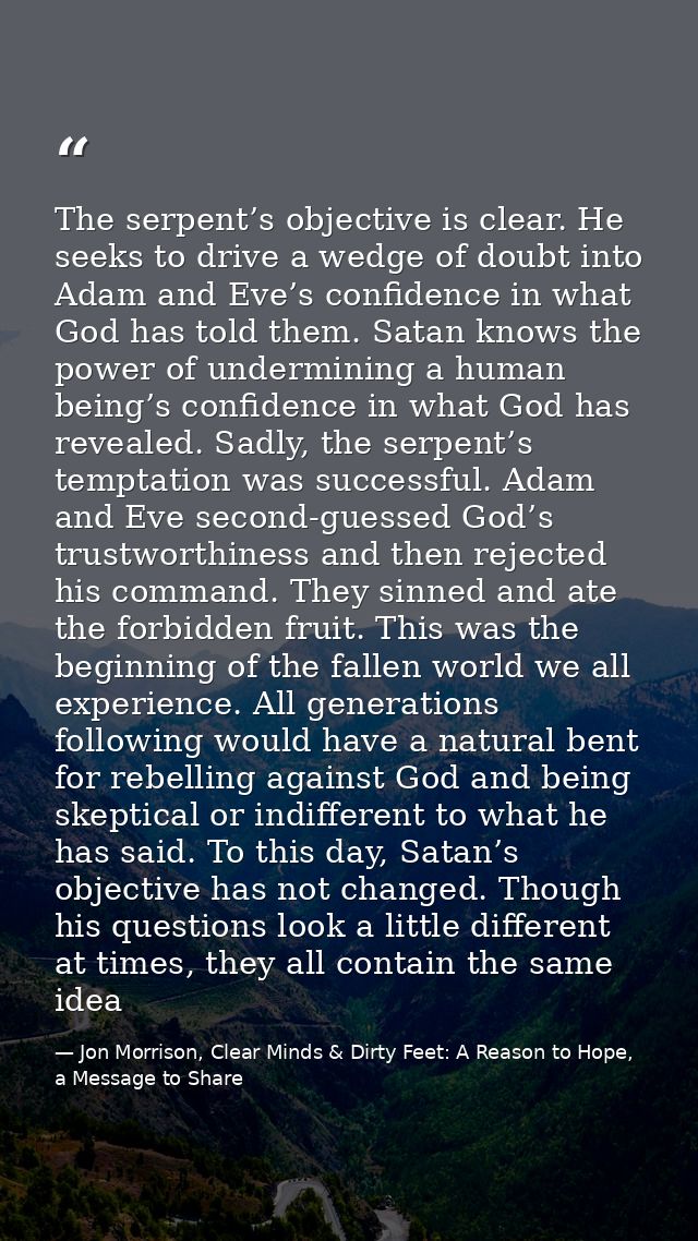 The serpent’s objective is clear. He seeks to drive a wedge of doubt into Adam and Eve’s confidence in what God has told — Jon Morrison, Clear Minds & Dirty Feet: A Reason to Hope, a Message to Share