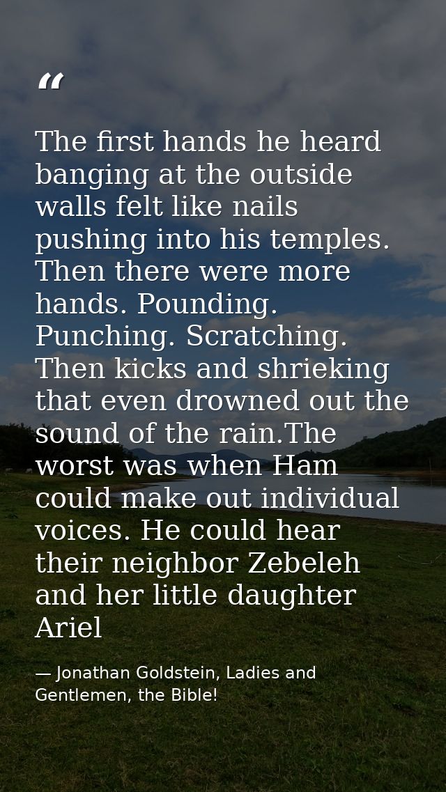 The first hands he heard banging at the outside walls felt like nails pushing into his temples. Then there were more han — Jonathan Goldstein, Ladies and Gentlemen, the Bible!