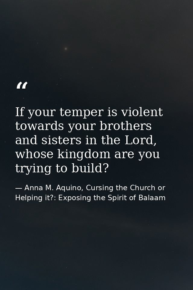 If your temper is violent towards your brothers and sisters in the Lord, whose kingdom are you trying to build? — Anna M. Aquino, Cursing the Church or Helping it?: Exposing the Spirit of Balaam