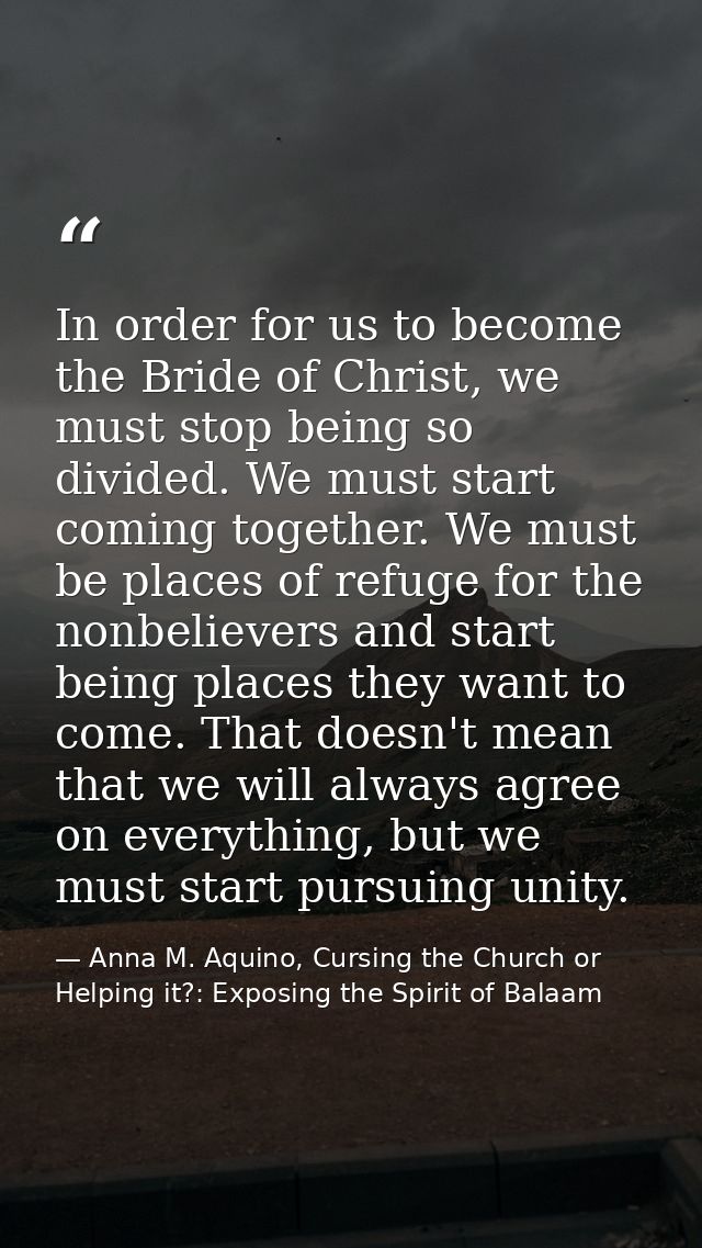 In order for us to become the Bride of Christ, we must stop being so divided. We must start coming together. We must be  — Anna M. Aquino, Cursing the Church or Helping it?: Exposing the Spirit of Balaam