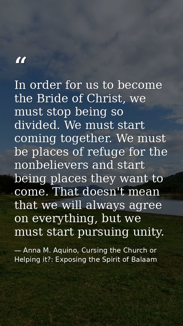 In order for us to become the Bride of Christ, we must stop being so divided. We must start coming together. We must be  — Anna M. Aquino, Cursing the Church or Helping it?: Exposing the Spirit of Balaam